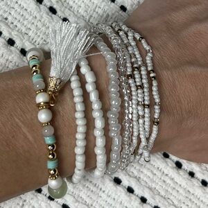 Boho White Pastel Bead Bracelet Set,elastic stretch bracelets, white tassel
